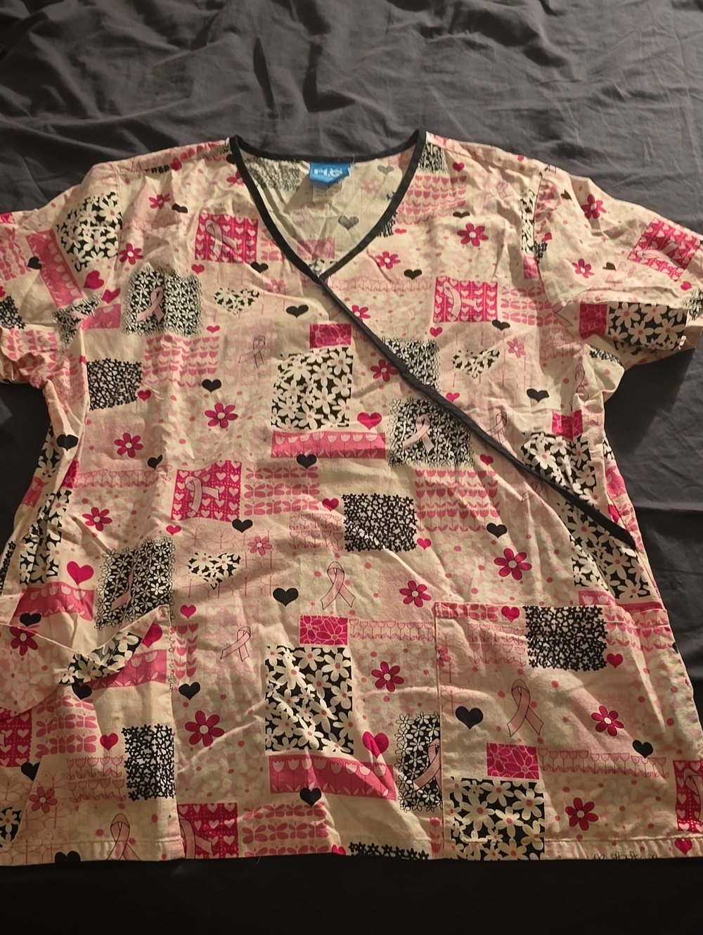 Womens Pink Patchwork-Print Scrub Top